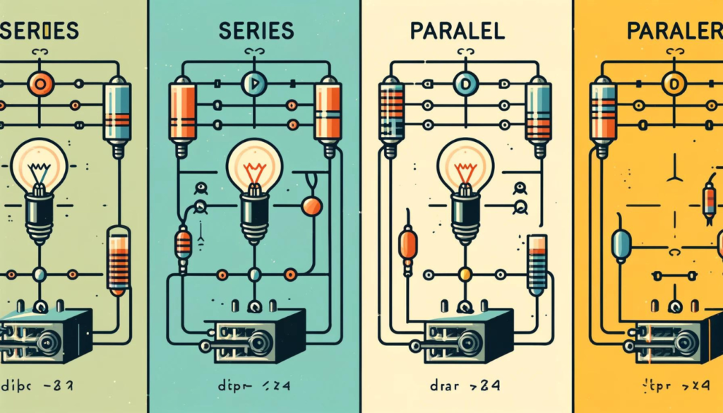 Diagramas de circuitos em série e paralelos, mostrando como os componentes são conectados em cada tipo de circuito