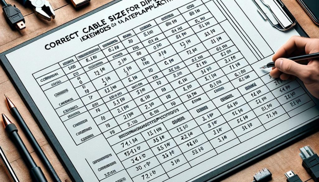 Tabela ou gráfico mostrando o dimensionamento correto dos cabos para diferentes correntes elétricas