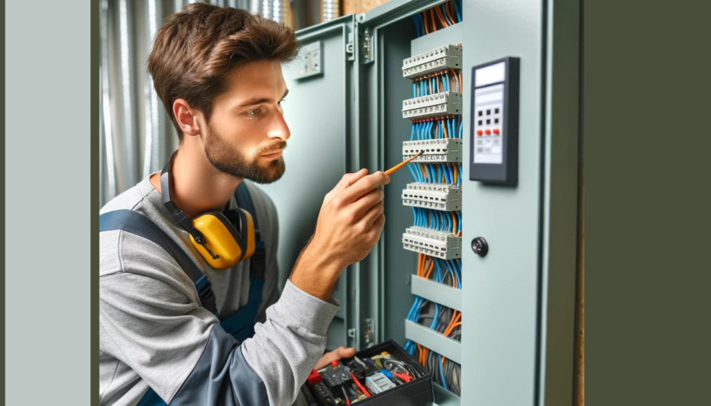 Imagem mostrando a inspeção e manutenção de um sistema elétrico, com um eletricista verificando as conexões