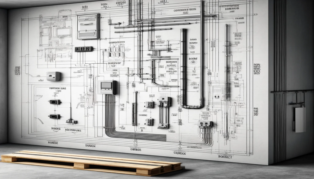 Um diagrama que mostra um esquema de instalação elétrica aparente em uma parede de drywall, incluindo a posição dos eletrodutos, caixas de junção, tomadas e interruptores