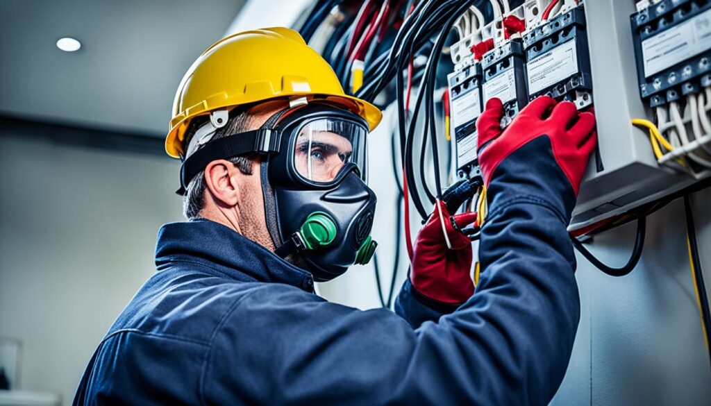 Eletricista com todos os equipamentos de segurança (EPI) fazendo manutenção em um painel elétrico