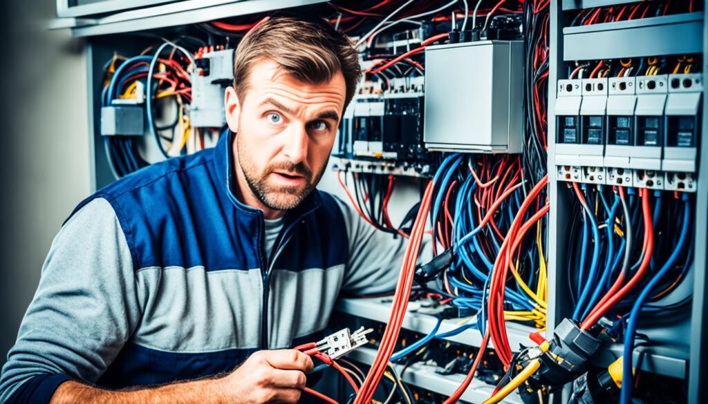 Técnico eletricista preparando os cabos para fazer as conexões